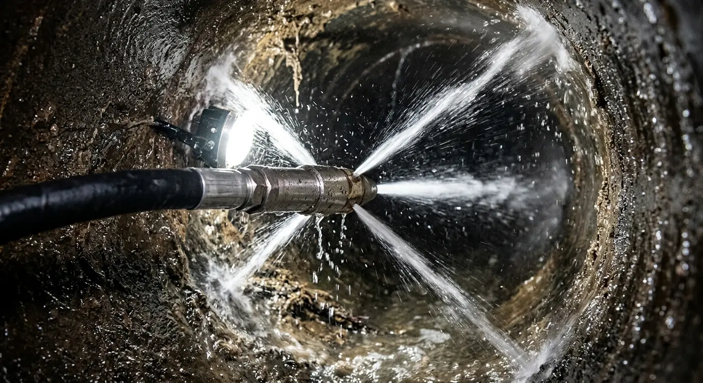 High-pressure hydro jetting nozzle cleaning sewer pipe for Sewer Cleanout in South Lake Tahoe