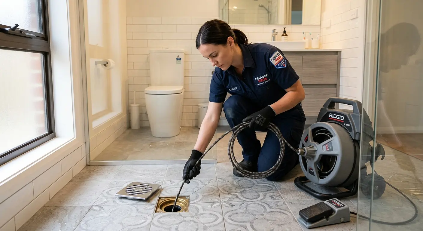 Technician clearing a bathroom floor drain for Drain Cleaning in South Lake Tahoe